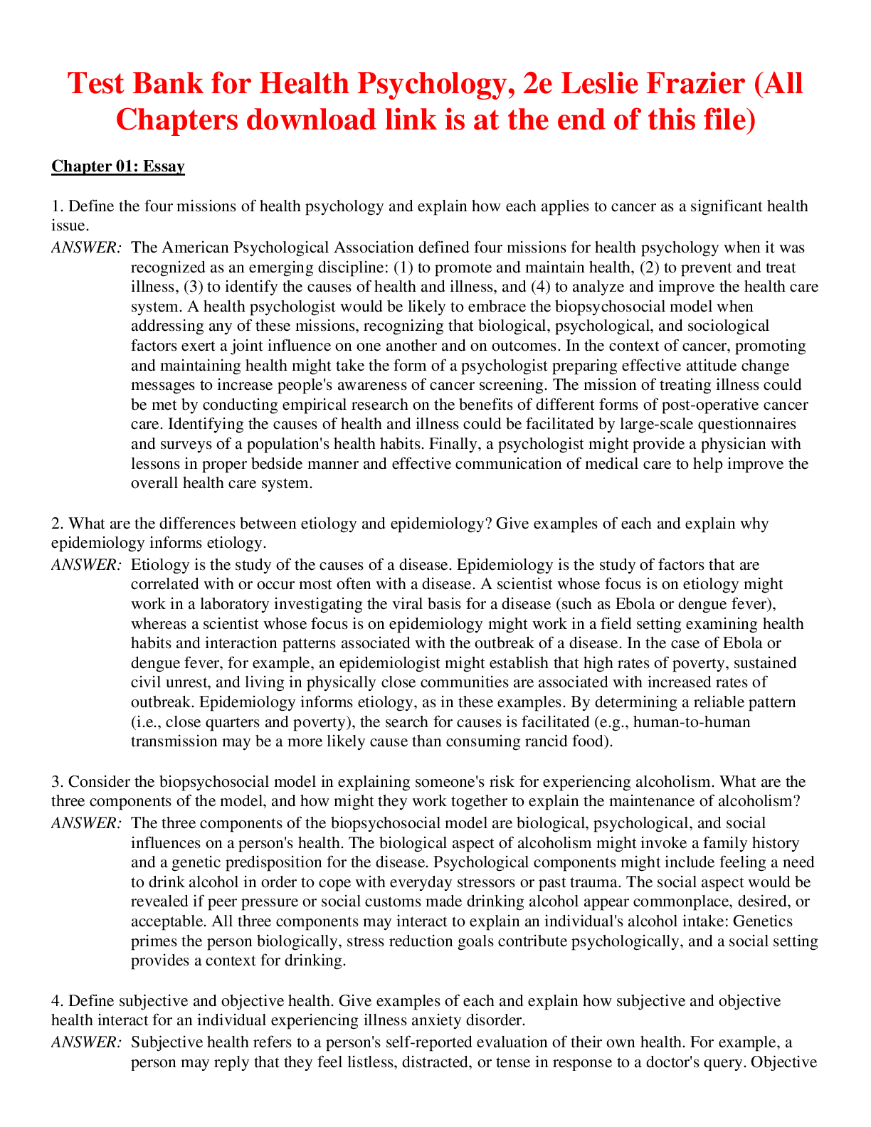 Preview of Health Psychology, 2e Leslie Frazier (Test Bank)